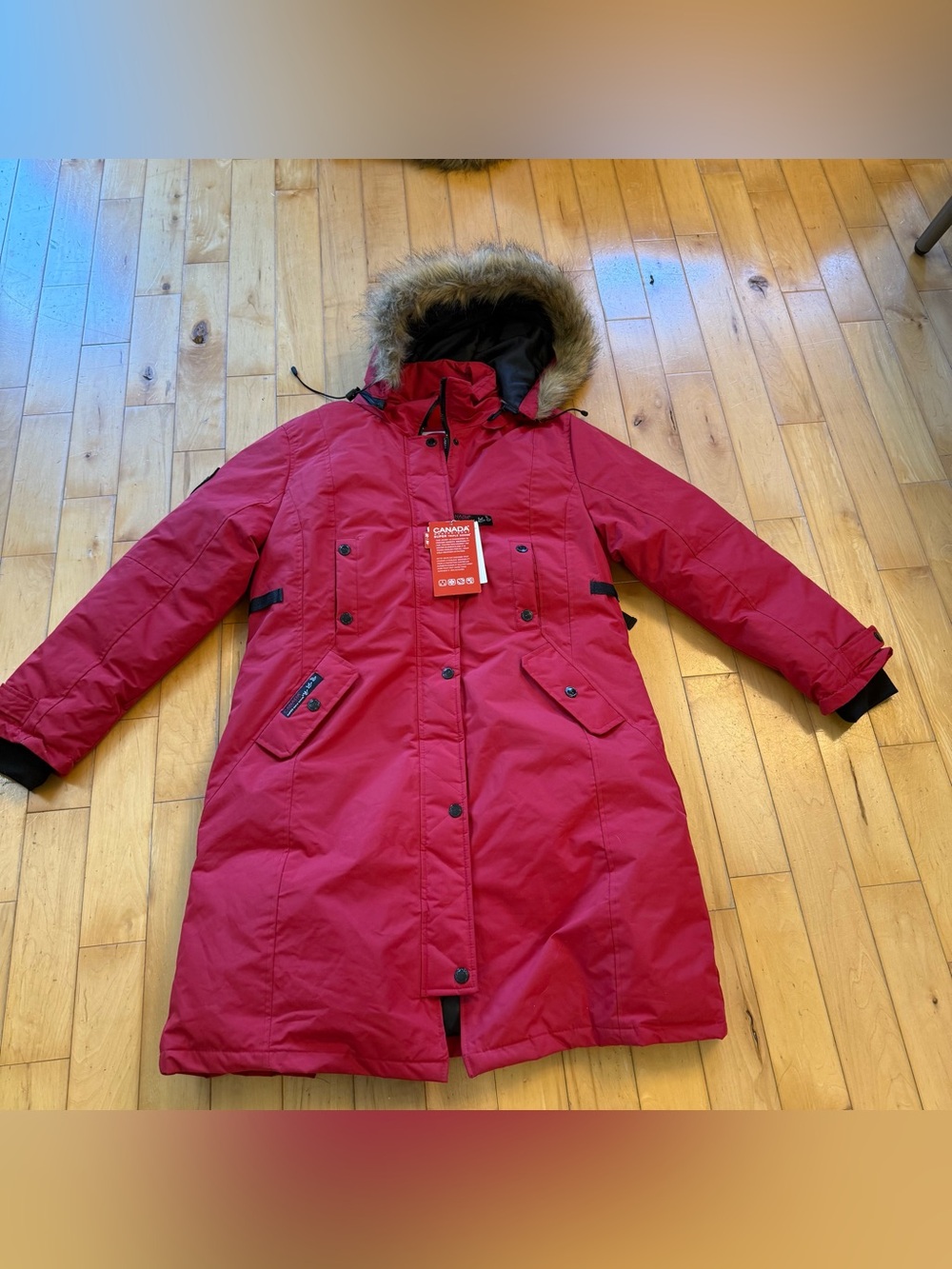 Women's Red Insulated Parka with Faux-Fur Hood